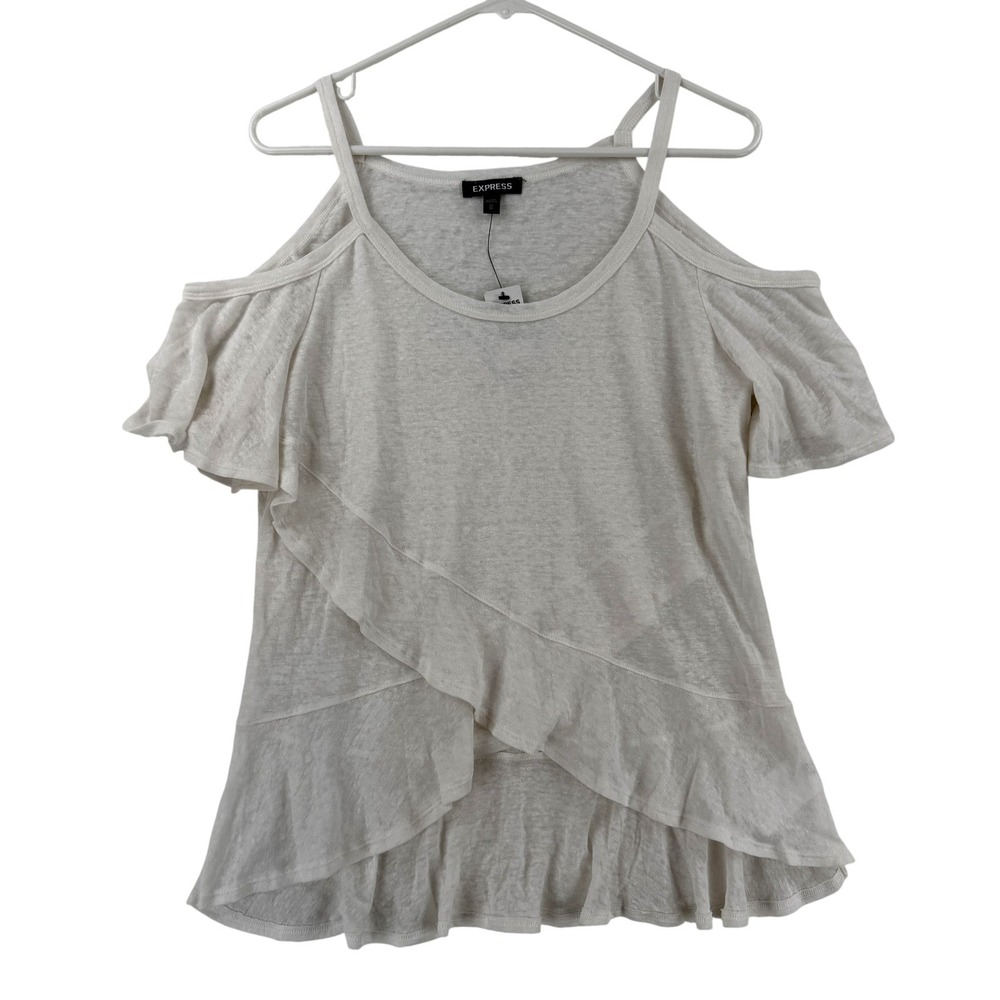 Express Shirt Womens XS White Cold Shoulder Ruffle Scoop Neck Jersey Top NWT - Picture 1 of 7